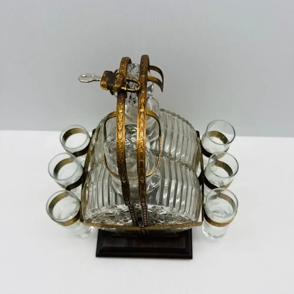 Vintage Cut Glass Decanter Set Brass Holder 6 Shot Glasses Wooden Base Barware